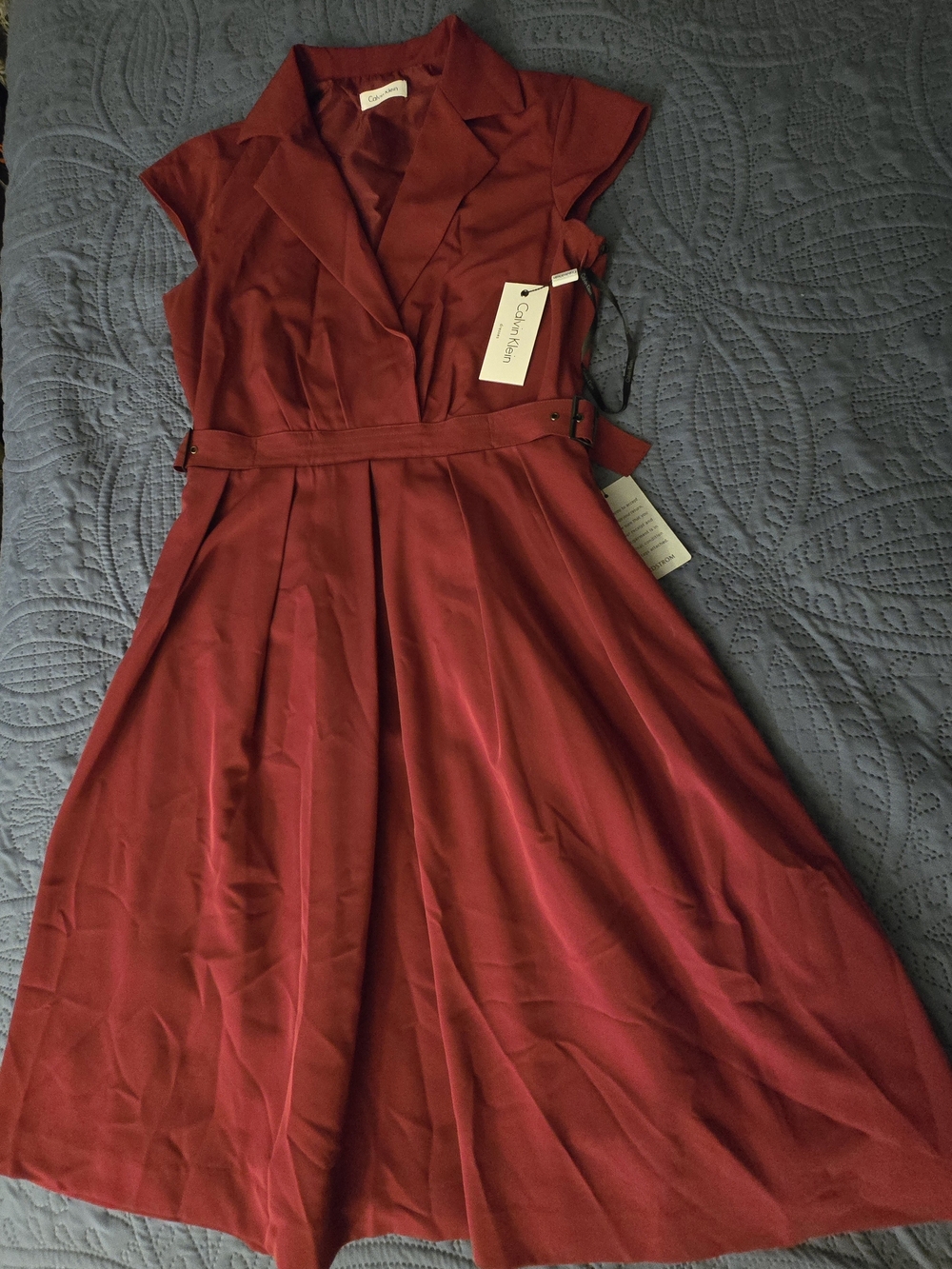 Calvin Klein Burgundy Cap-Sleeve Fit-and-Flare Midi Dress